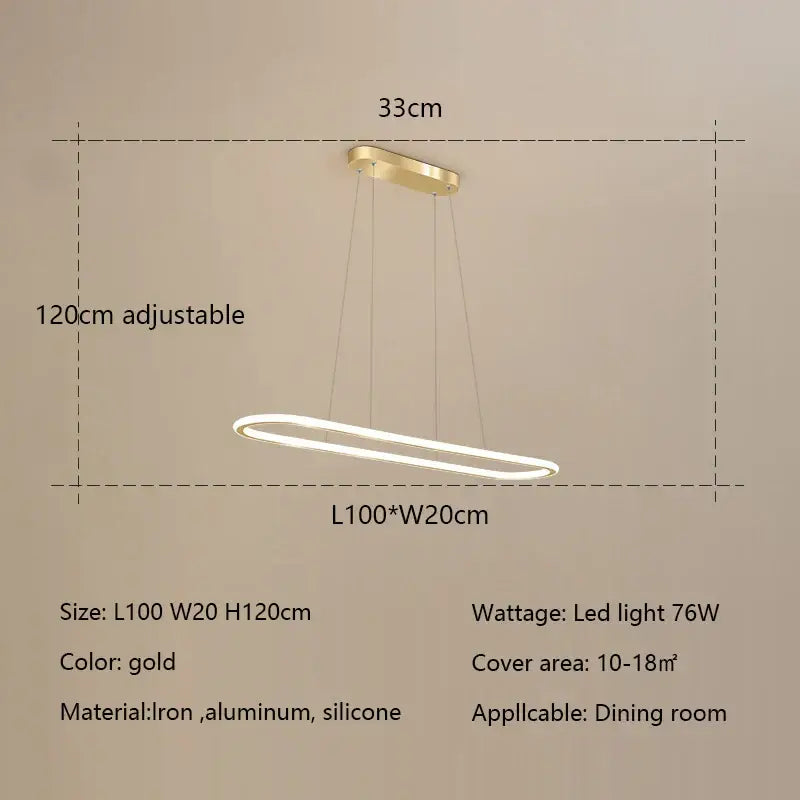 Gold-colored oval led chandelier pendant light with sleek modern design made of iron aluminum and silicone for dining room