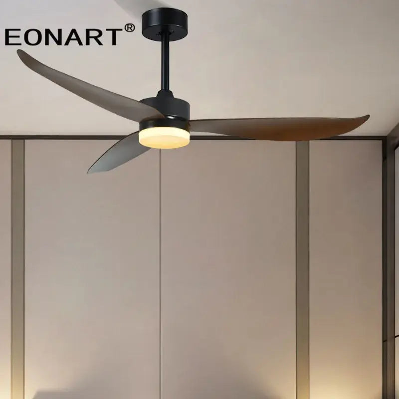 Modern black plastic blade ceiling fan with remote control features three dark wood-toned blades and warm led light for bedroom
