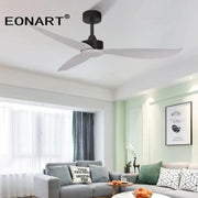 Modern black and white plastic blade ceiling fan with remote control featuring sleek design for bedroom use