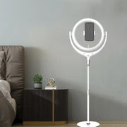 Modern black and white led mirror lamp with adjustable ring light and phone holder on a stand for bedroom use