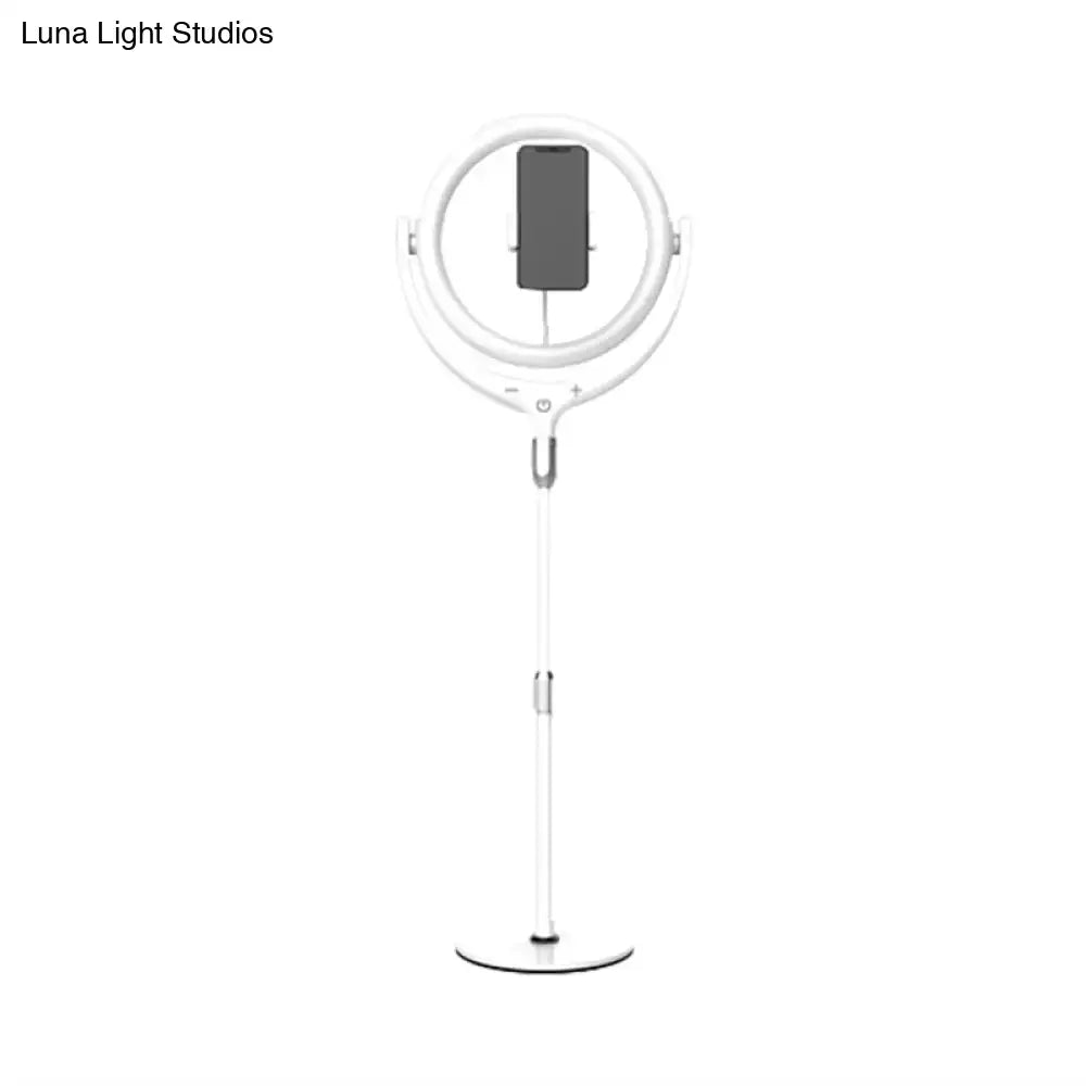 White ring led mirror lamp with adjustable black and white stand for smartphone photography and streaming use