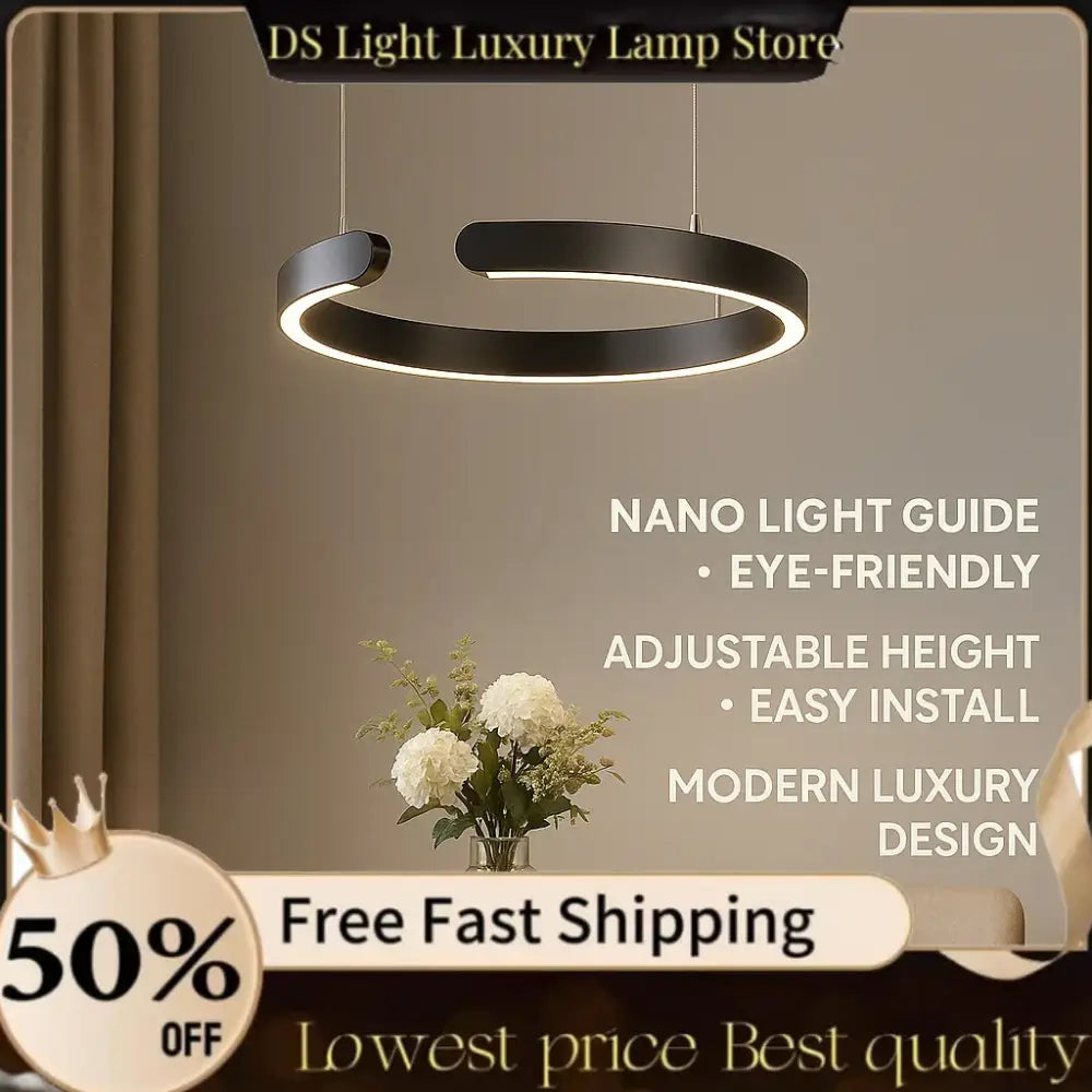 Modern black pendant light with illuminated light guide plate ring as LED dining room light source
