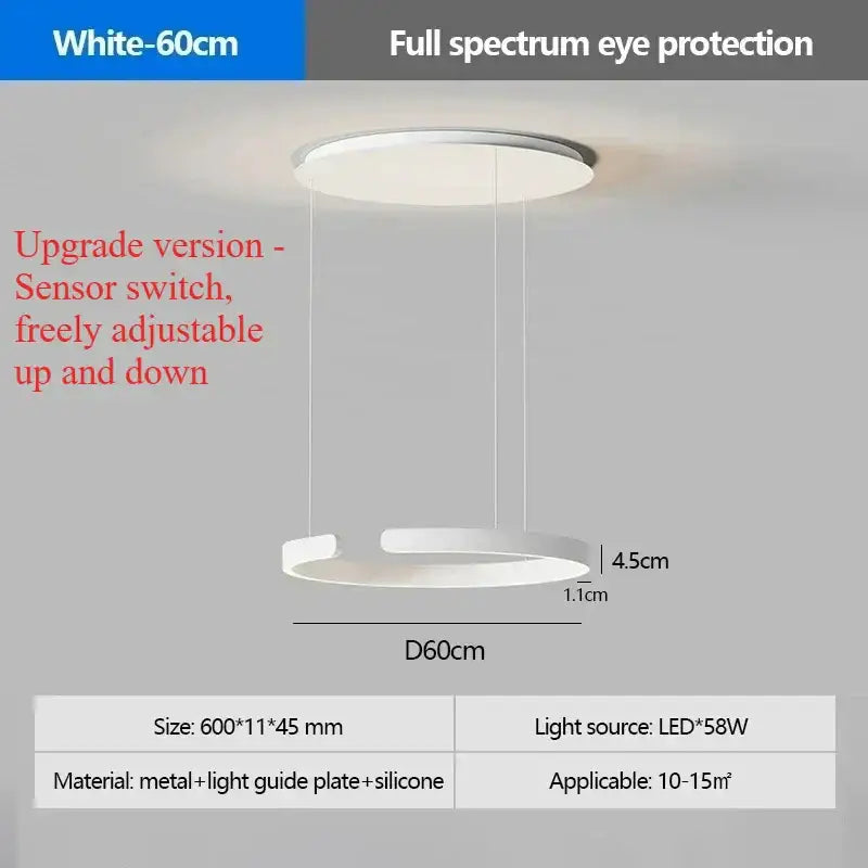 Modern black and white ring pendant light with a white circular LED light source and silicone light guide plate