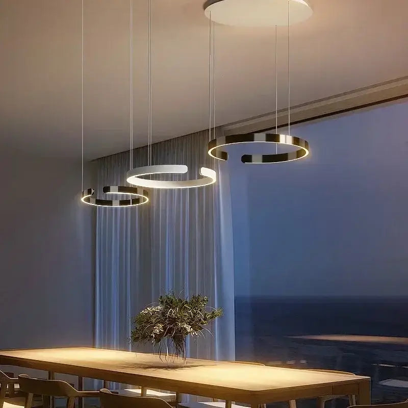 Modern black and white ring pendant light with led light source and light guide plate for dining room illumination