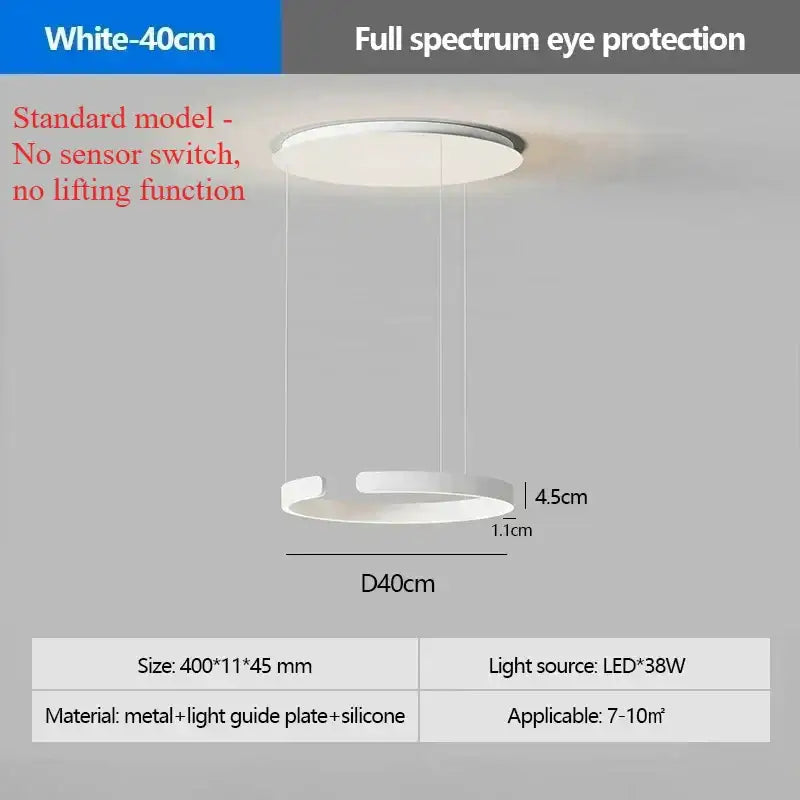 Modern black and white ring pendant light with white circular led light source and metal silicone light guide plate