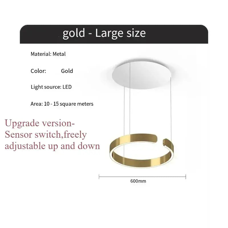 Gold-colored circular metal pendant light with led light source and sensor switch for modern dining room illumination