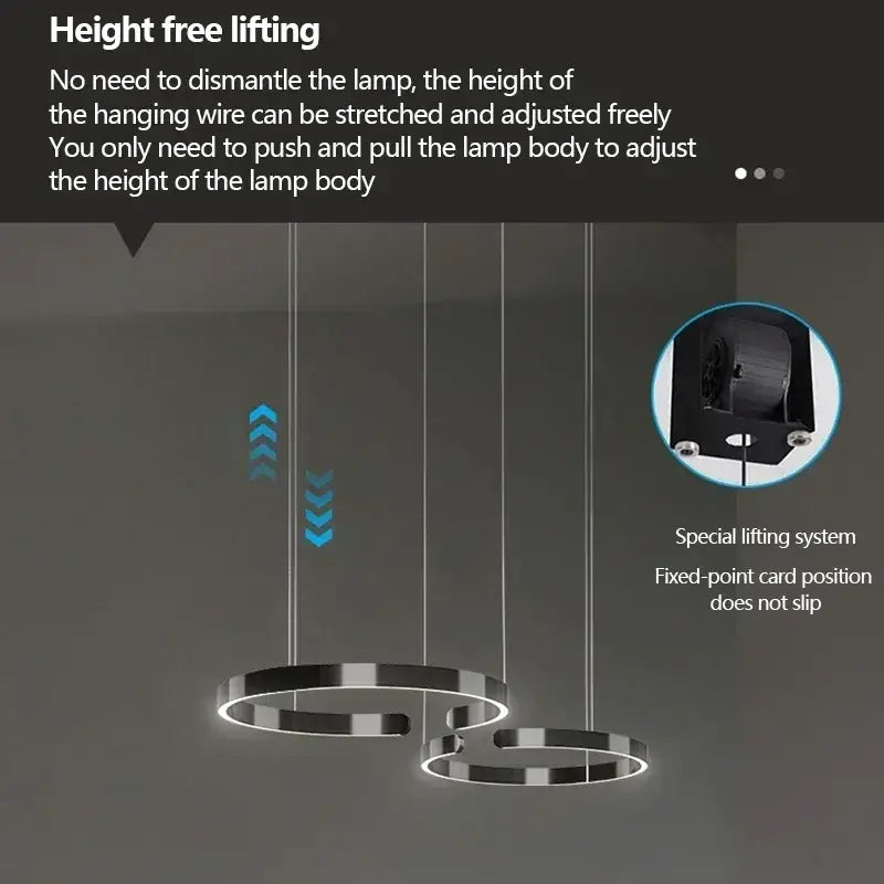 Modern black and silver circular pendant light with adjustable height and led light source for dining room use