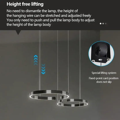 Modern black and silver circular pendant light with adjustable height and led light source for dining room use