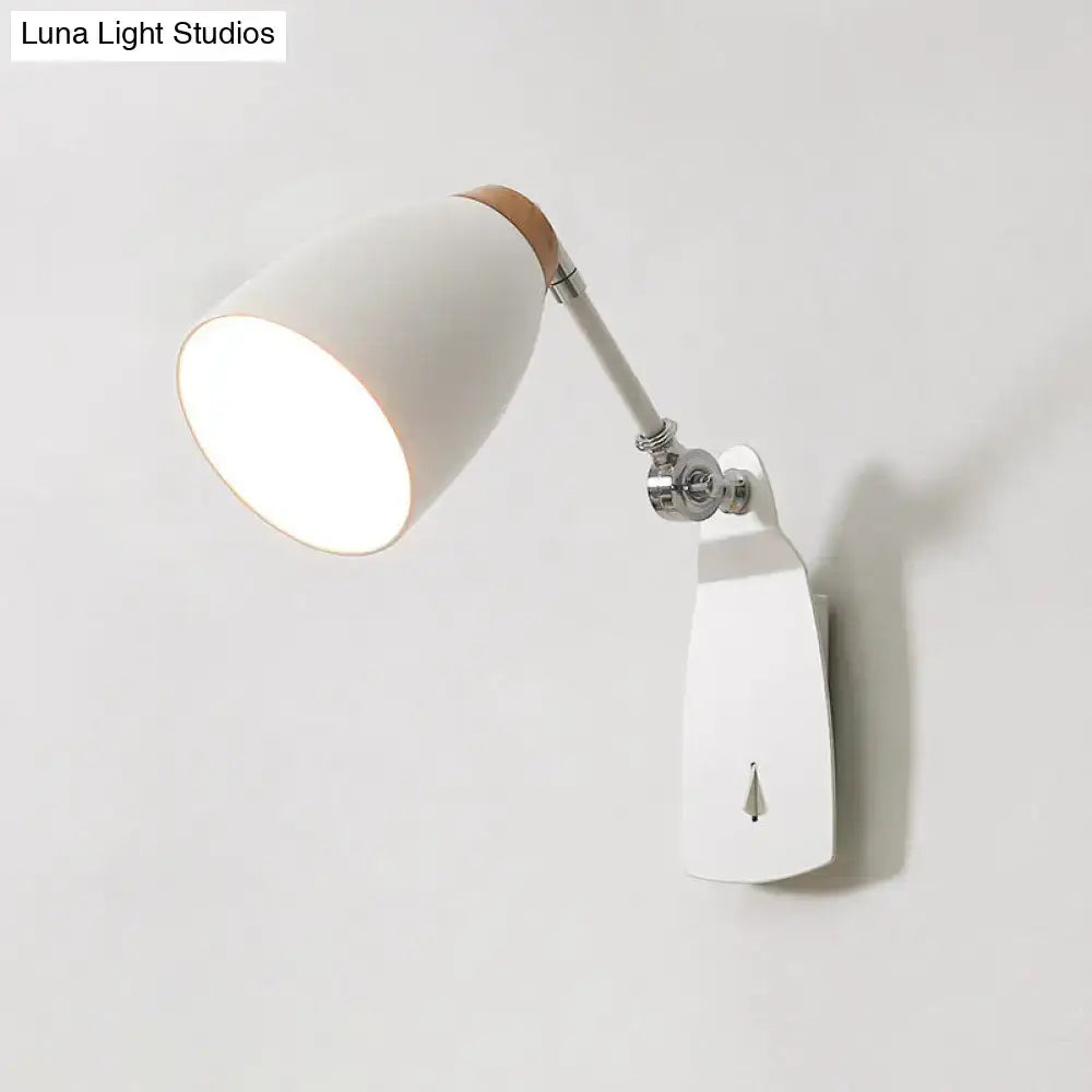 Modern white black wall mounted light with adjustable arm and wooden accent for bedroom reading lamp