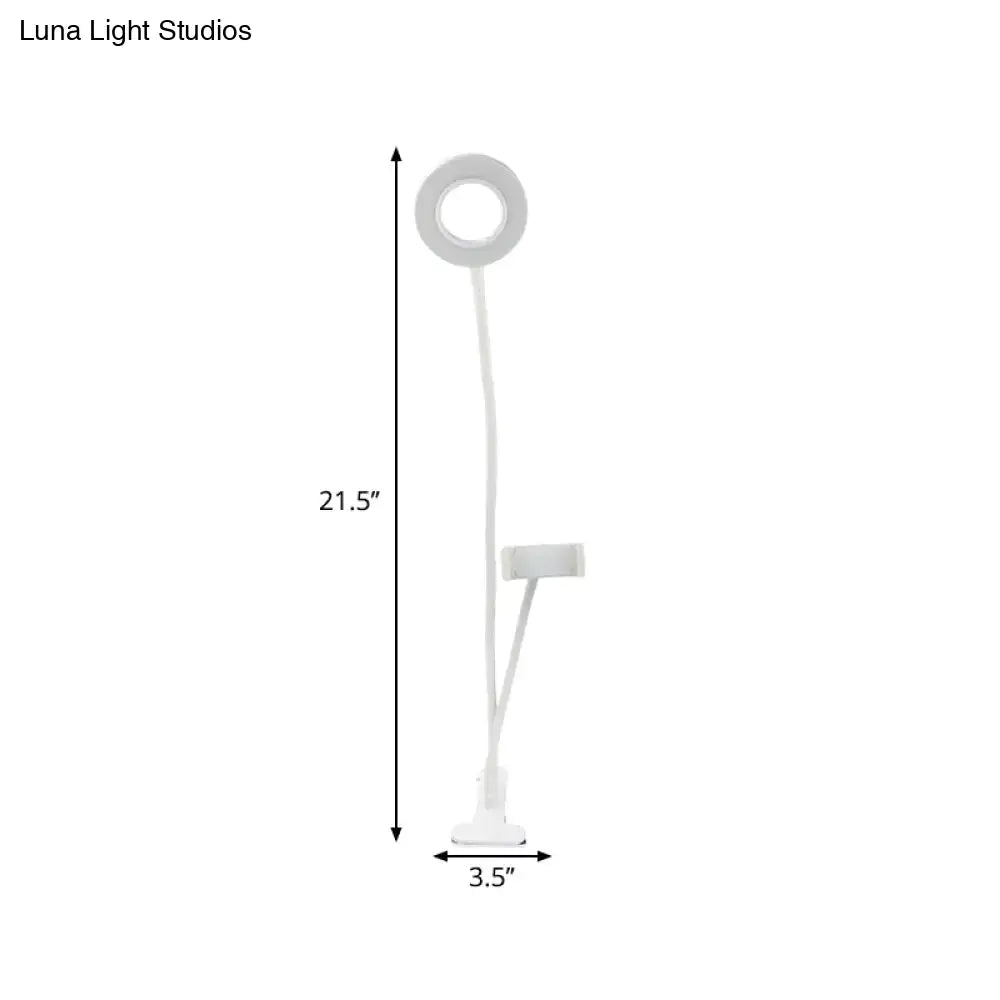 White flexible gooseneck ring light with adjustable phone holder and clip base for modern black and white round usb mirror lamp