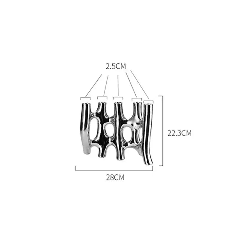 Modern black and white decorbites ceramic vase with shiny metallic abstract interconnected vertical elements for living room decor