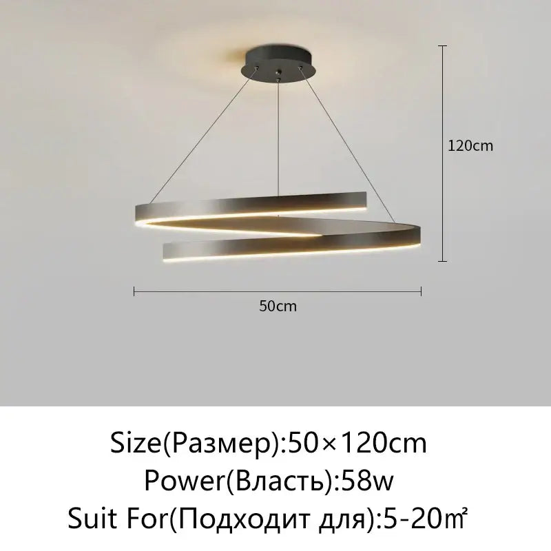 Modern black white spiral chandelier pendant light with two interlocking brushed metal rings and integrated led lighting