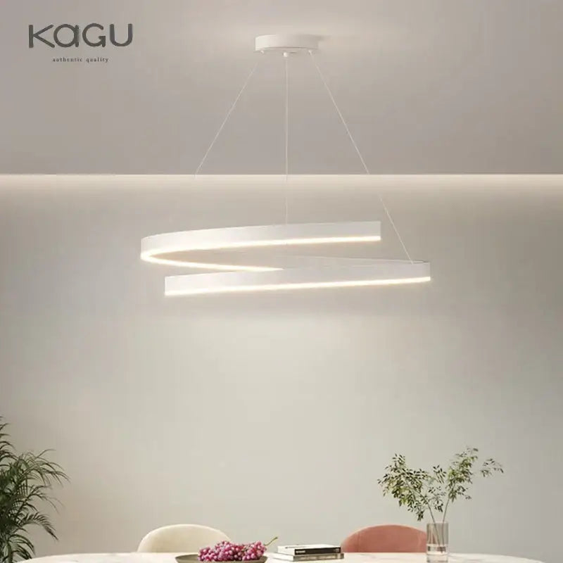 Modern white kagu ceiling pendant light with sleek intertwined black white spiral design and integrated LED lighting decorbites black white