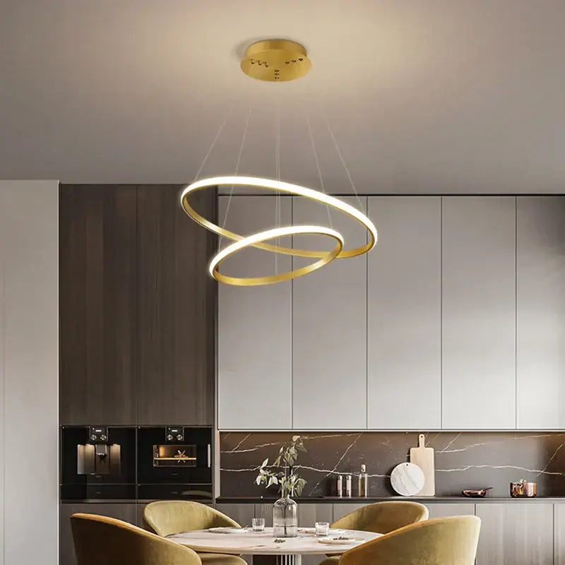 Modern black and white spiral pendant chandelier with gold-toned double-ring led pendant light by decorbites black ring