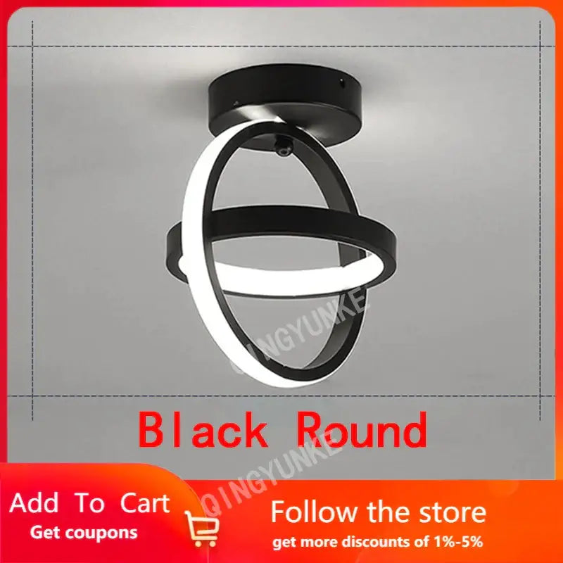 Modern black and white square led ceiling lamp with sleek interlocking rings and central glowing led ring for corridors ceiling lamp