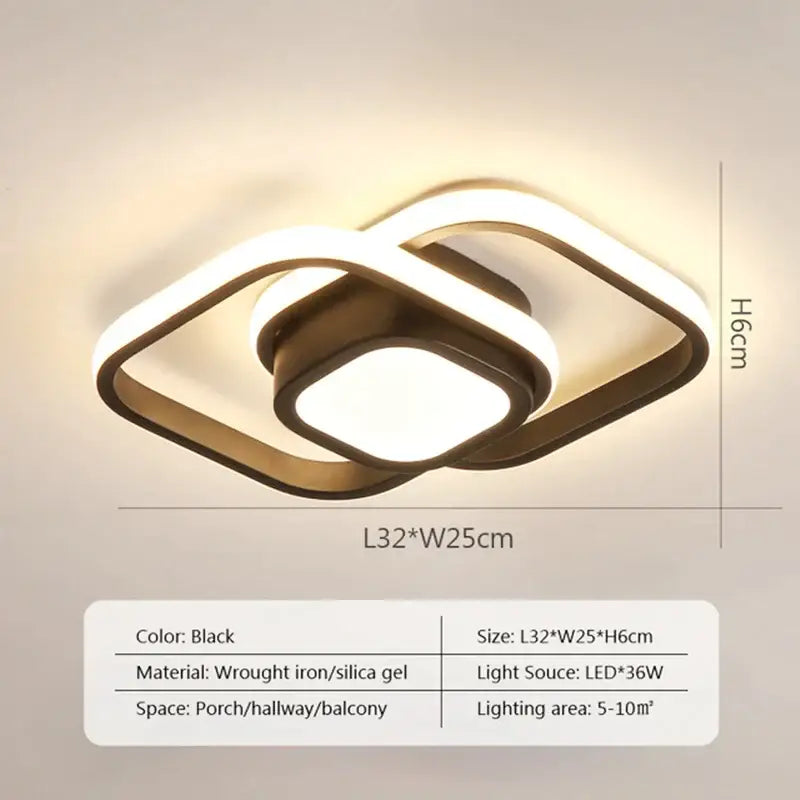 Modern black led ceiling lamp with sleek intertwined square design made of wrought iron and silica gel for corridors