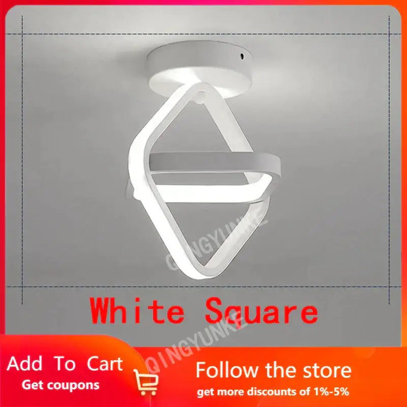 Modern black and white square led ceiling lamp with sleek geometric interlocking rings design for corridors