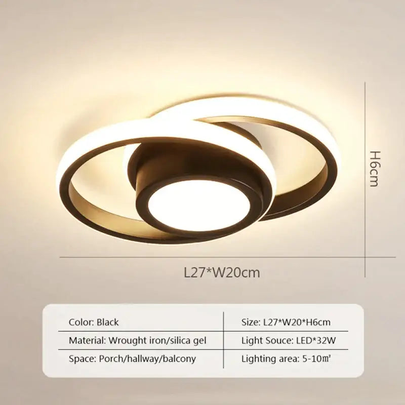 Modern black and white square led ceiling lamp with interlocking wrought iron rings and silica gel led ceiling lamp for corridors