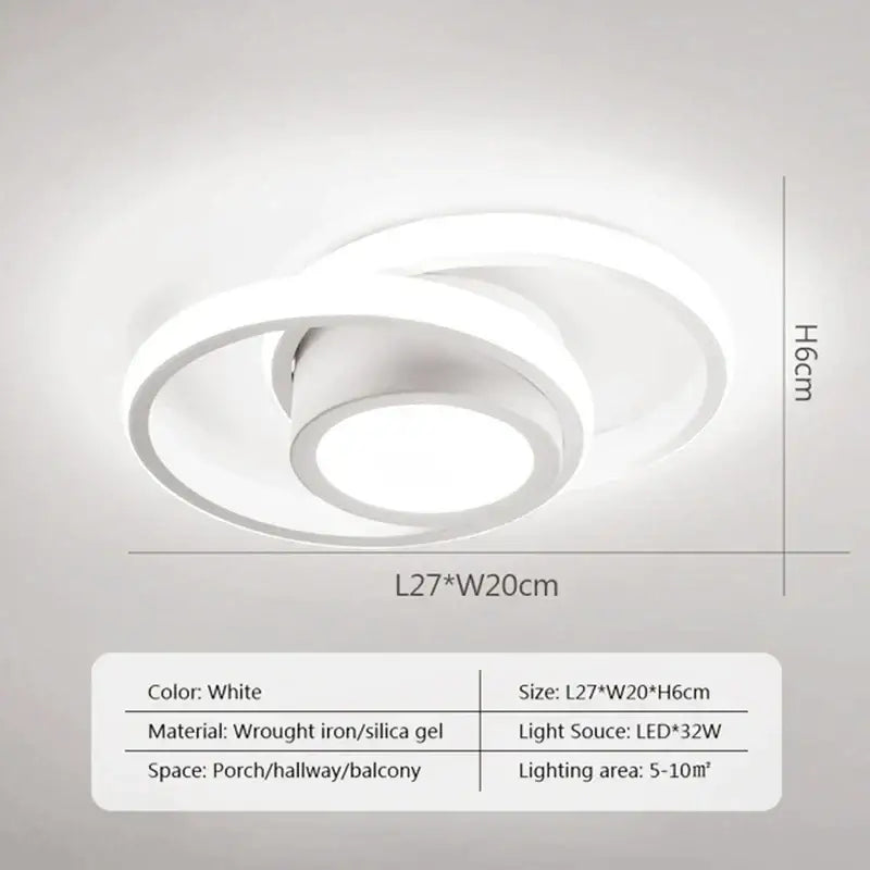 Modern black and white square led ceiling lamp with two interlocking wrought iron and silica gel rings for corridors