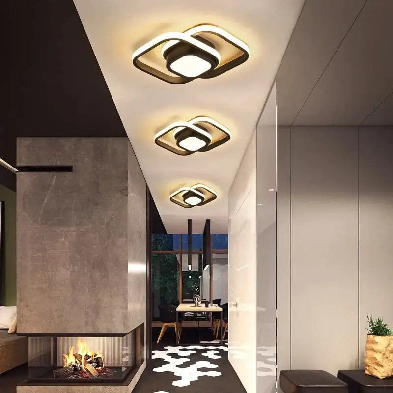 Modern black and gold metallic square led ceiling lamp emitting warm white light for corridors