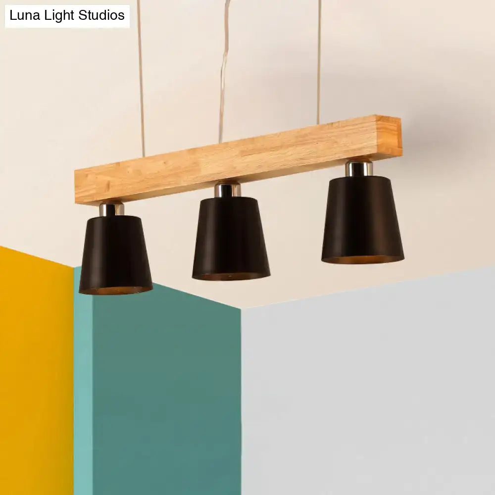 DecorBites modern tapered indoor ceiling light with three black matte conical shades and wooden beam fixture