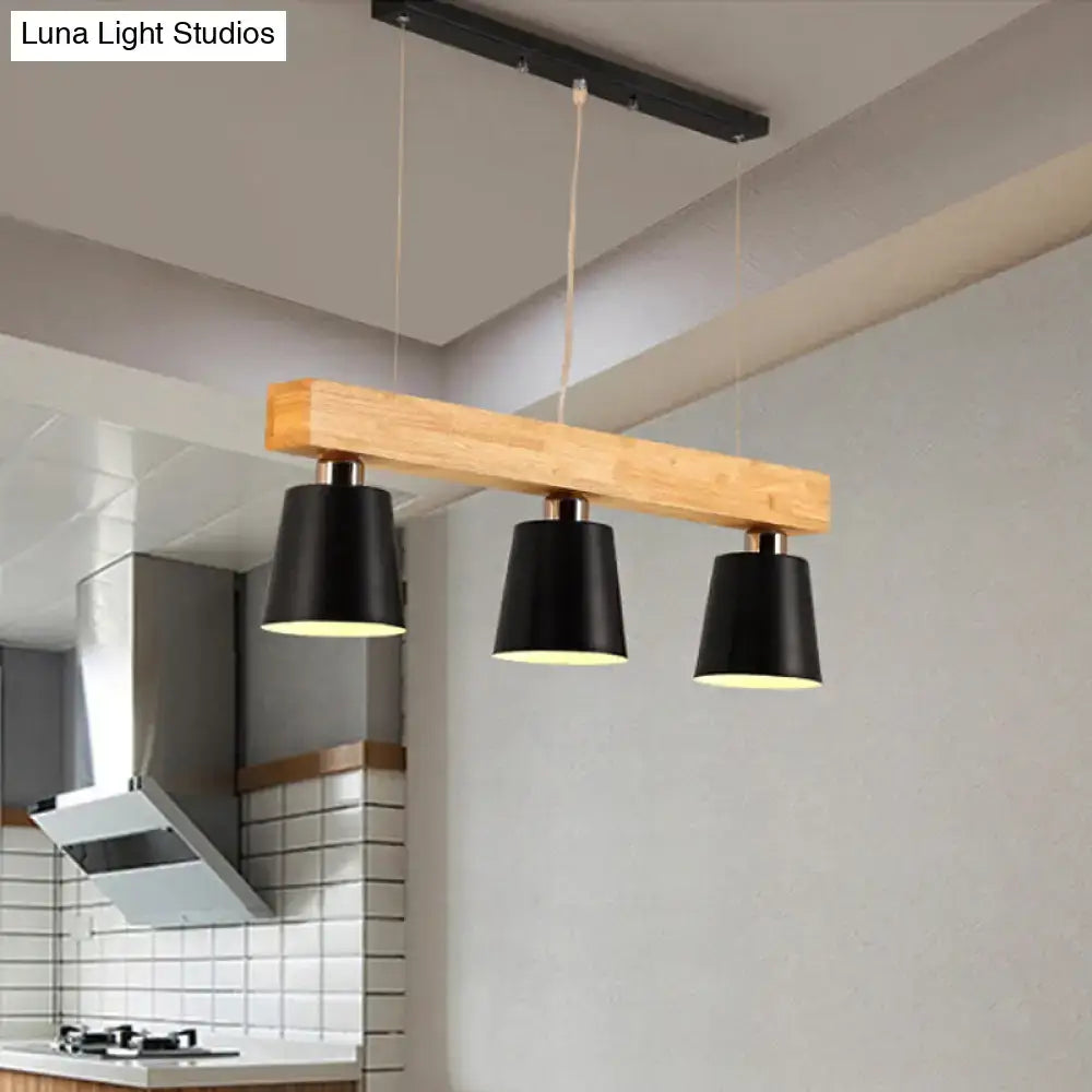 Decorbites modern tapered indoor ceiling light with three black pendant heads and natural wood beam suspension