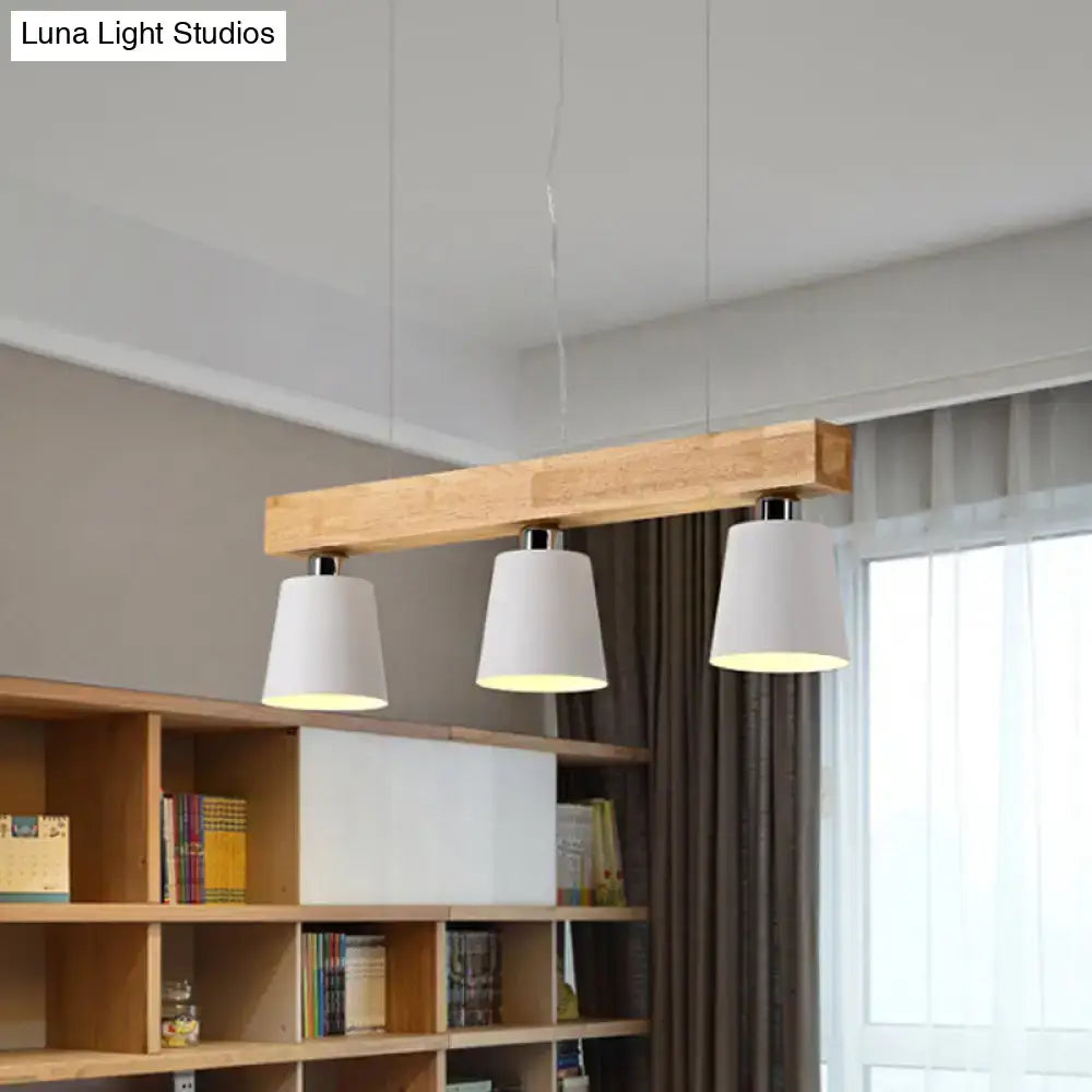 Decorbites modern tapered indoor ceiling light with three white conical shades and black white wooden beam