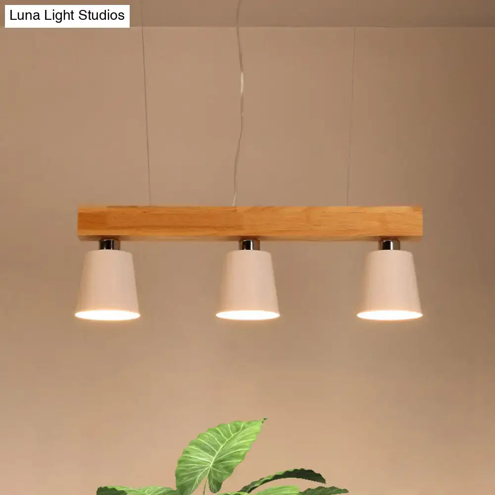 Decorbites modern tapered indoor ceiling light with wooden beam and three white cylindrical shades black white design