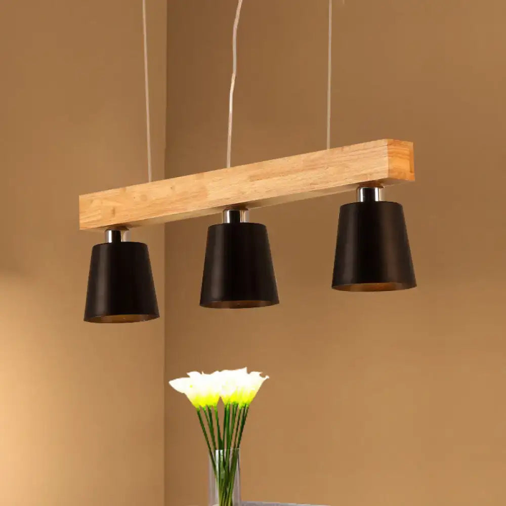 DecorBites™ modern tapered indoor ceiling light with three black cone shades and wooden beam for black white island lighting