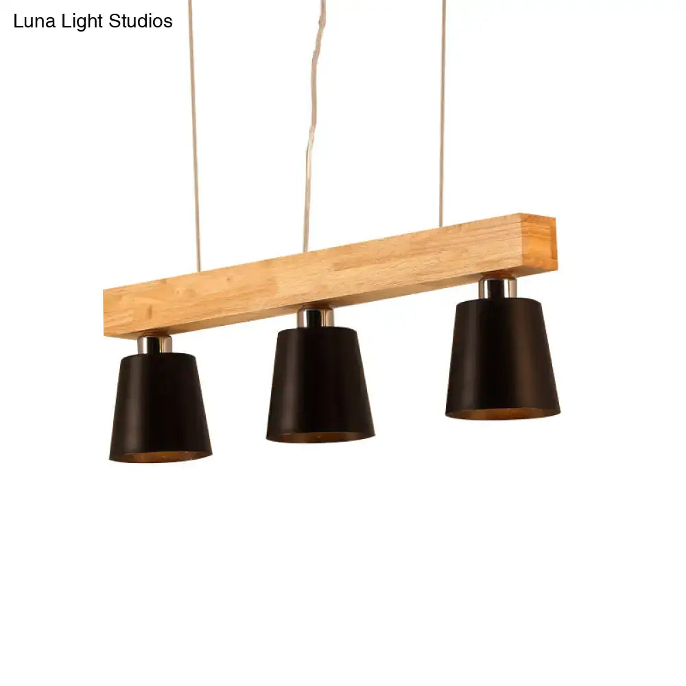 Decorbites modern tapered indoor ceiling light with three black white conical shades and light wooden beam