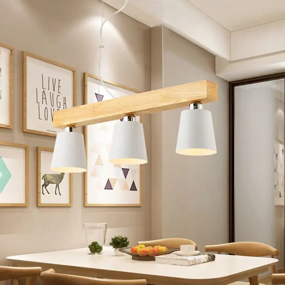 Decorbites modern tapered indoor ceiling light with three white ceramic shades black white wooden beam design