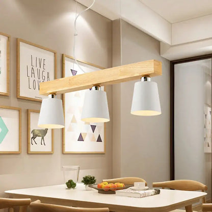 Decorbites modern tapered indoor ceiling light with three white ceramic shades black white wooden beam design