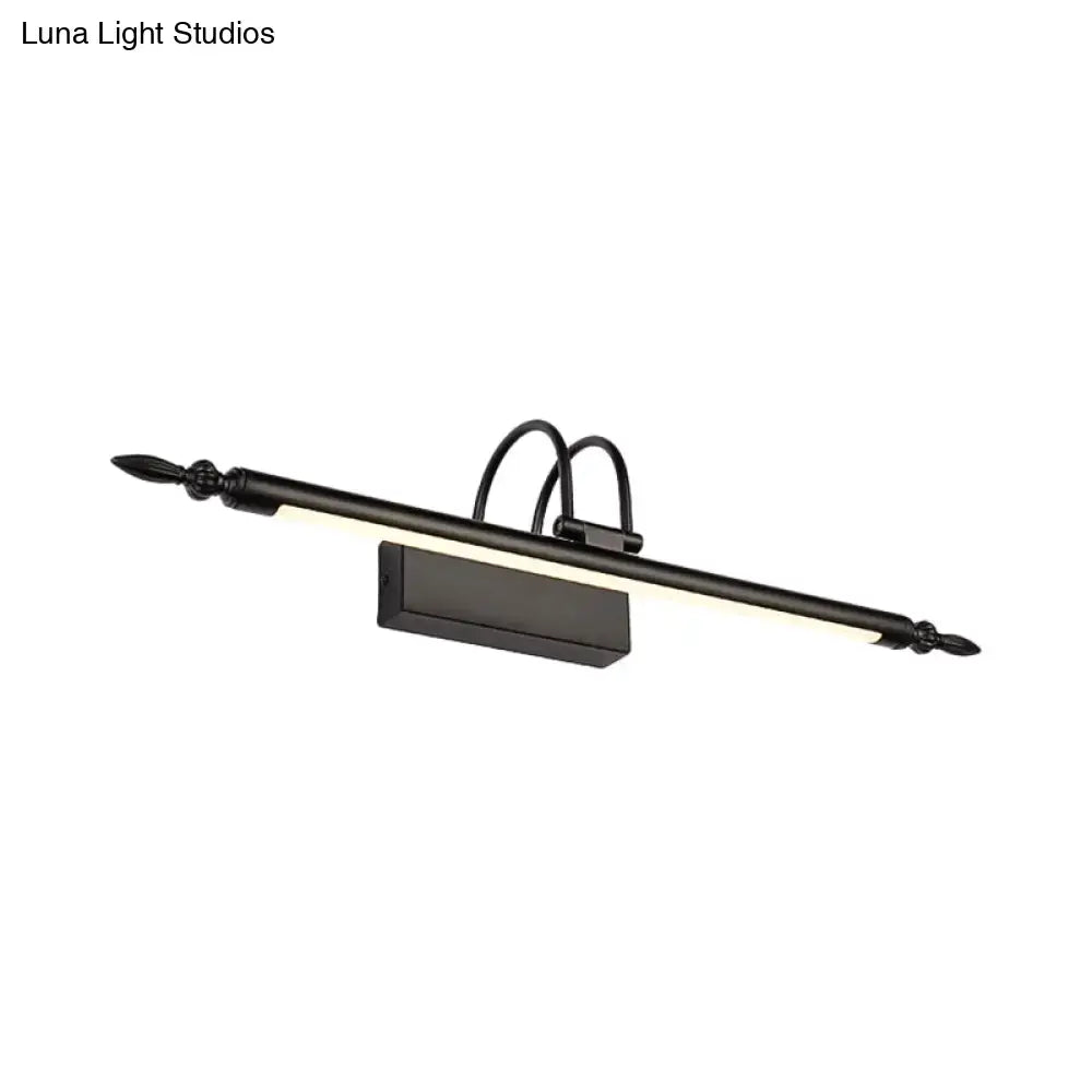 Modern black wrought iron vanity lighting with sleek elongated design and white warm light for bathroom bar use