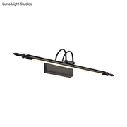 Modern black wrought iron vanity lighting with sleek elongated design and white warm light for bathroom bar use