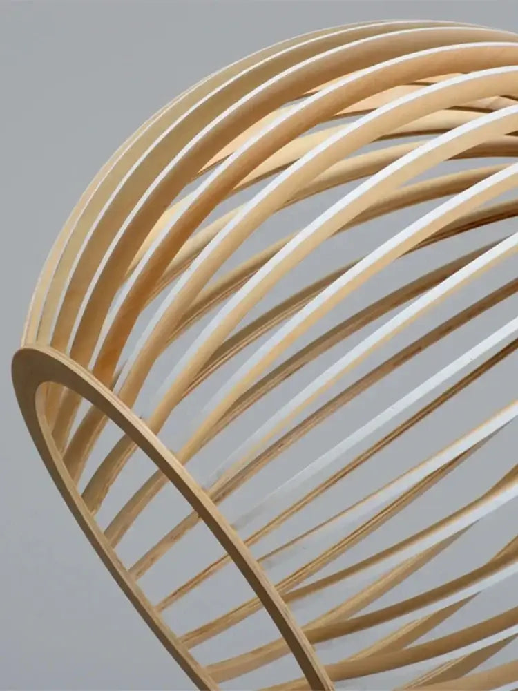 Modern pendant light with a curved white wood cage lampshade made of light bamboo strips for living room use