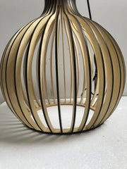 A modern spherical pendant light with a white wood cage frame and black accents for living room use
