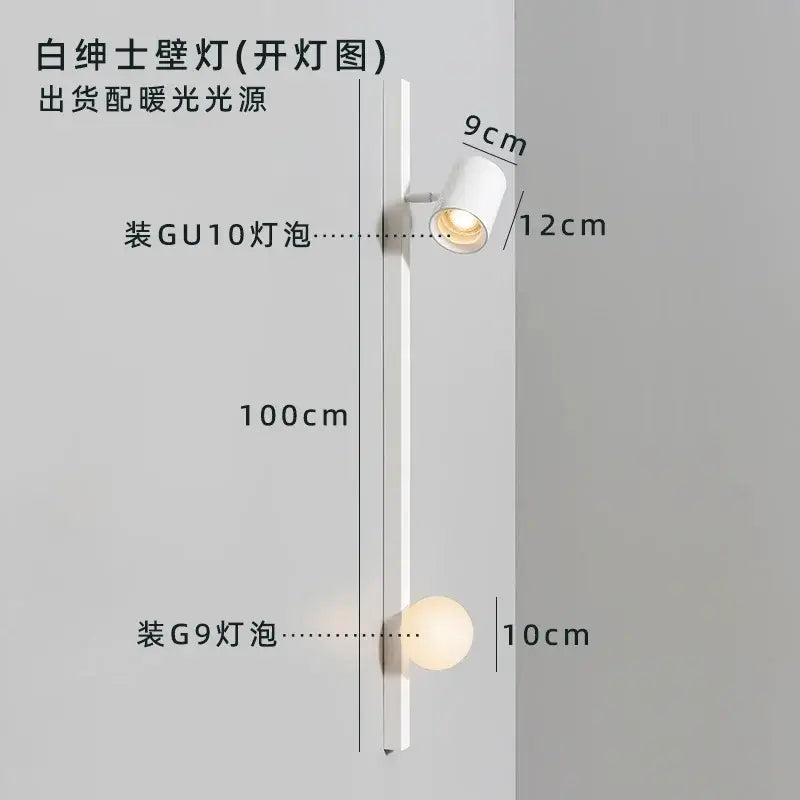 White minimalist wall lamp with black white wooden design featuring adjustable spotlight and spherical bulb for living room decorbites