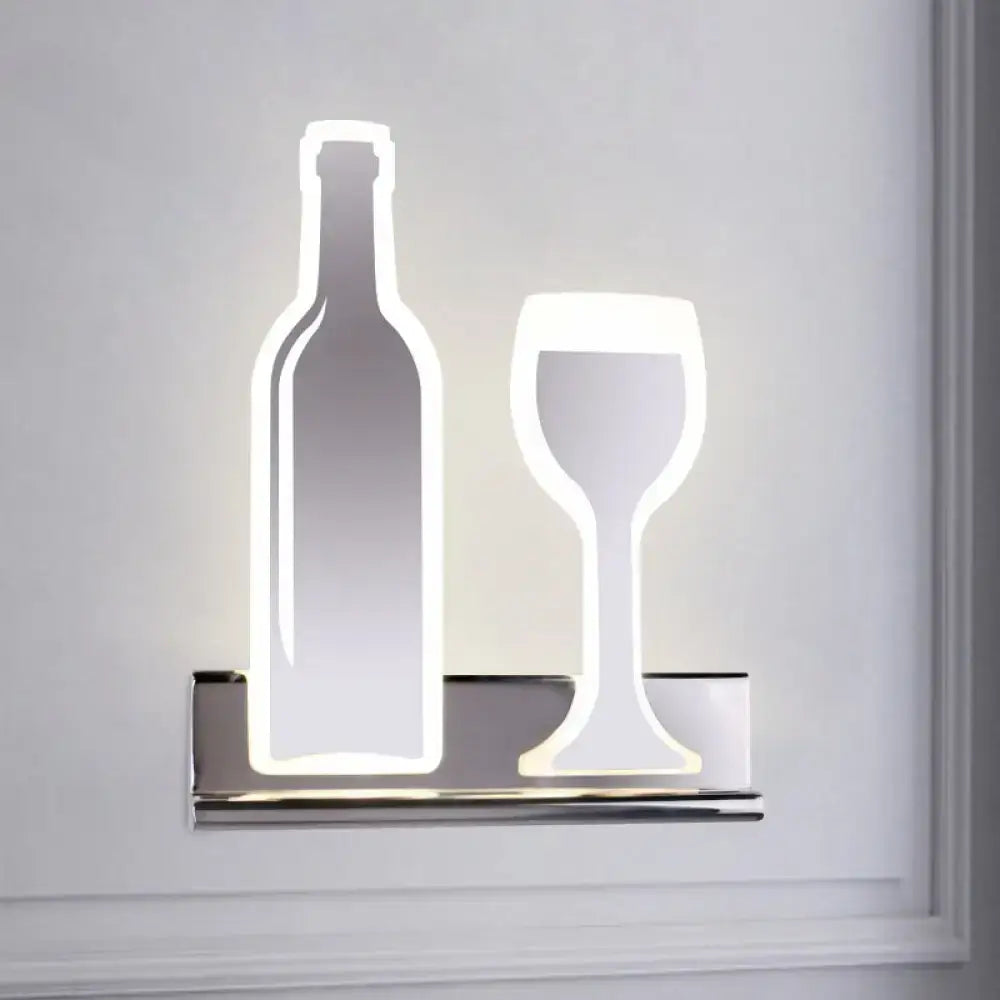 Modern black wine sconce light with chrome finish featuring illuminated bottle and wine glass silhouettes for dining room