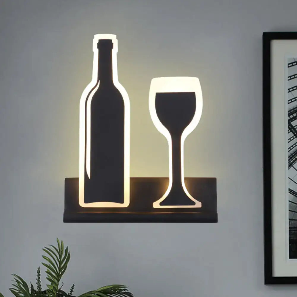 Modern black white chrome sconce light with illuminated bottle and wine glass silhouettes for dining room fixture height