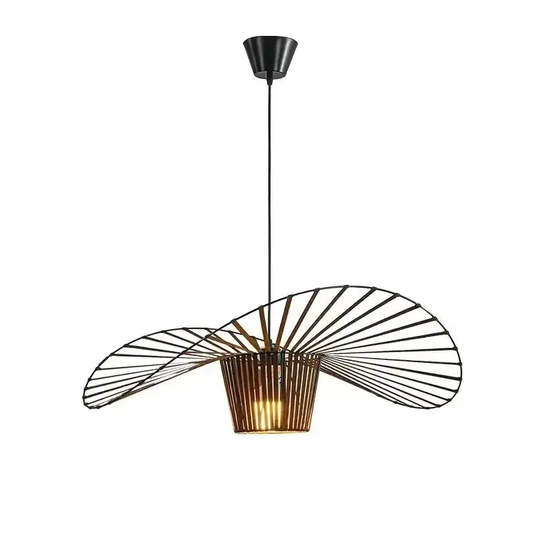 Modern black wing decorbites designer pendant ceiling chandelier with fan-like metal and warm bamboo shade for living room