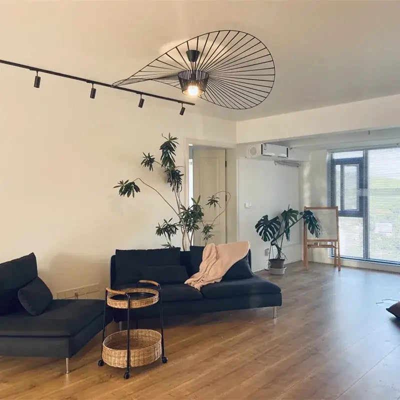 Modern black metal fan-shaped decorbites designer pendant ceiling light with central bulb and radial spokes for living room