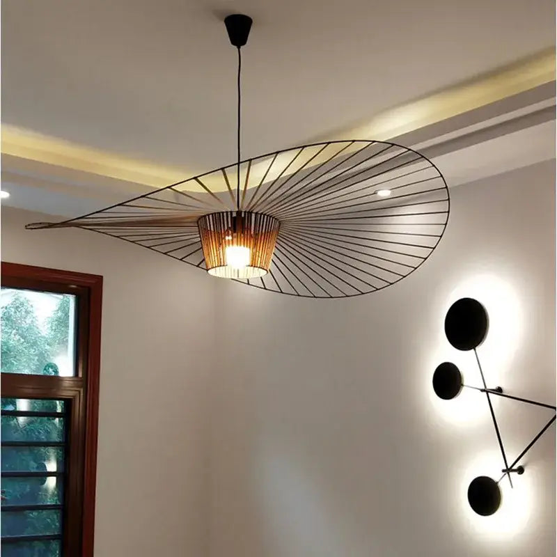Modern black wing designer pendant ceiling chandelier featuring black metal and woven bamboo shade for living room decorbites designer pendant