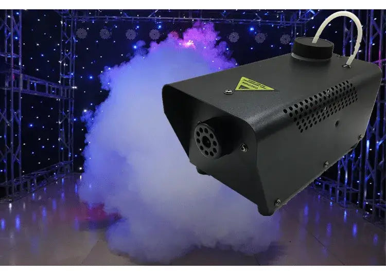 Black rectangular modern wireless fog machine pump emitting thick white smoke for living room party stage use