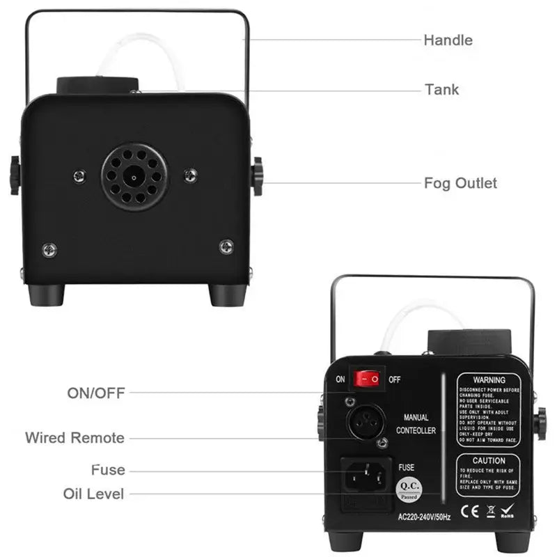 Modern black wireless fog machine pump with handle tank and fog outlet for living room party and stage use