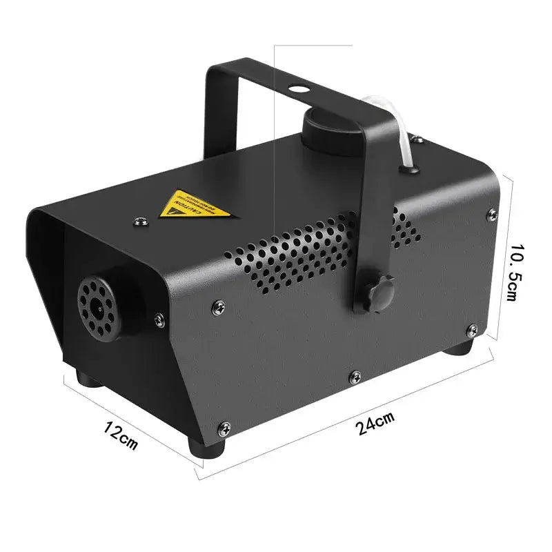 Modern black wireless fog machine pump with perforated side panels and handle for living room party stage use