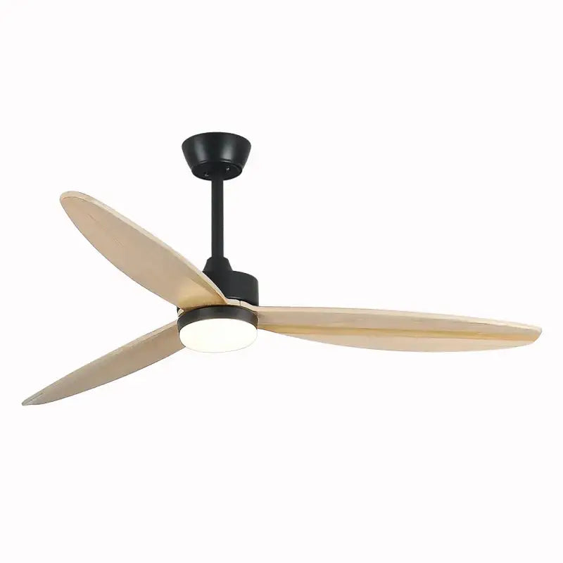Modern black wood ceiling fan with sleek metal frame three wooden blades integrated led light and remote control for bedroom