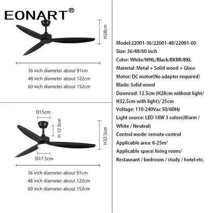 Modern black wood ceiling fan with three solid wood blades led light and remote control for bedroom use