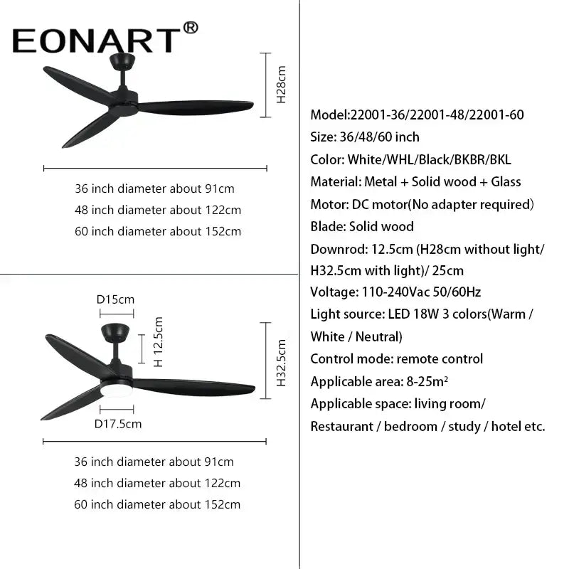 Modern black wood ceiling fan with three solid wood blades led light and remote control for bedroom use