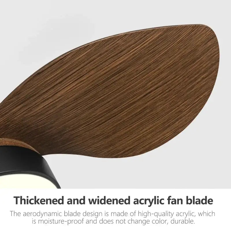 A sleek dark brown wooden textured fan blade of a modern black ceiling fan with led light for bedroom use