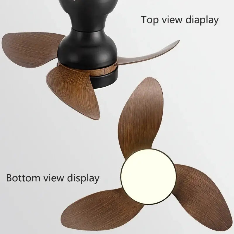 A modern black ceiling fan with three wooden blades and built-in led light for bedroom use